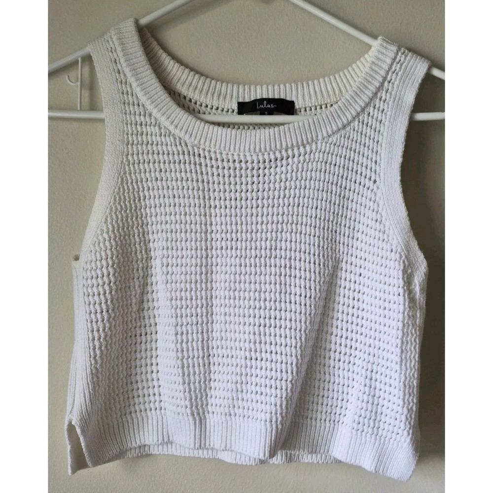Lulus Boho Knit Tank Crop Top White Cotton Blend Loose Mesh Beach Size S